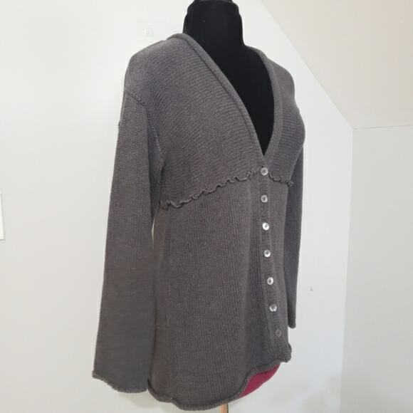 J. Jill Cotton Chunky Knit V Neck Gray Ruffle Seam Cardigan Sweater Medium - Picture 2 of 12